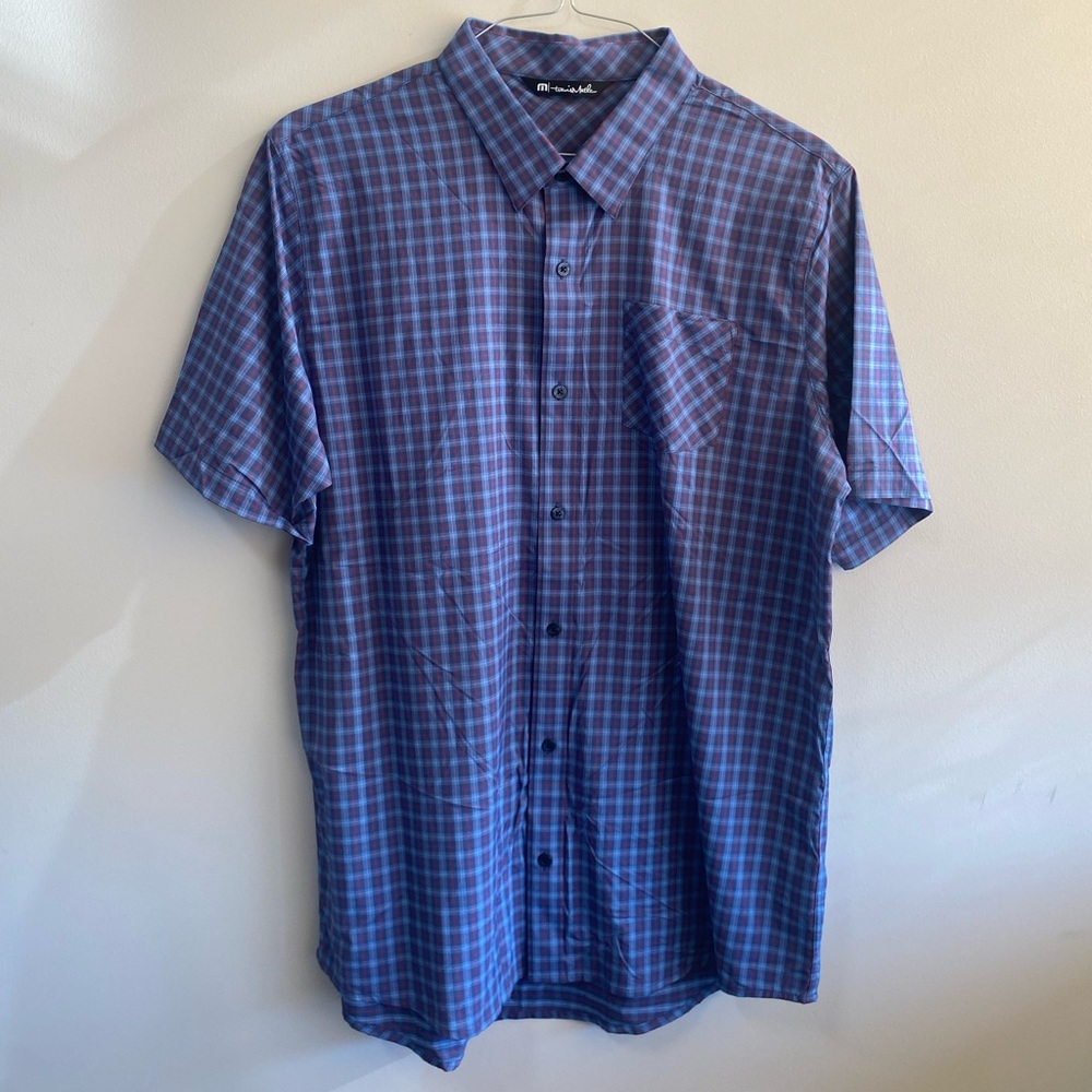 Travis Mathew SS Men’s Button Up Polo, Blue and Red Plaid, XL
